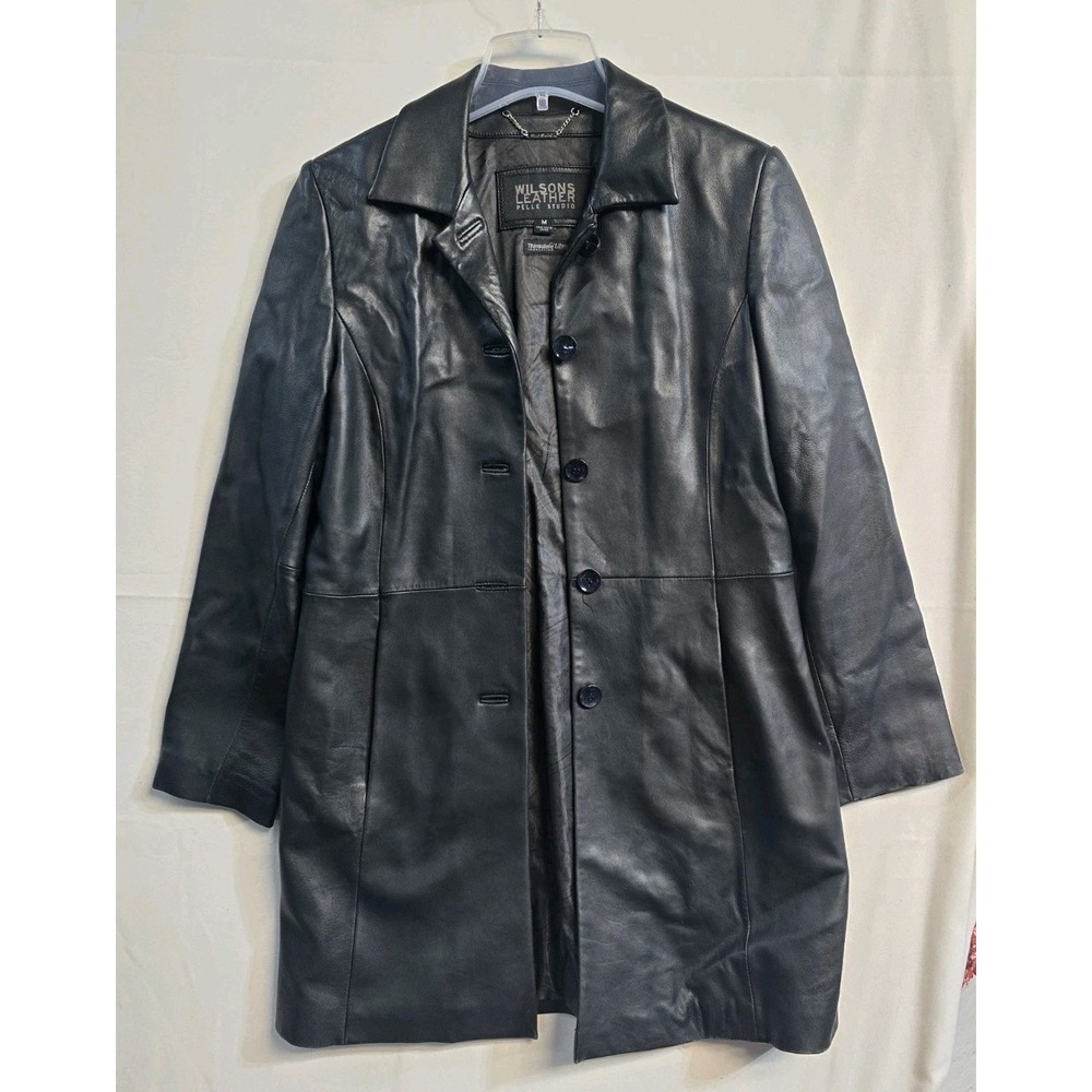 Wilson Leather Nora Button Down Leather Trench Coat Women's M Black Y2K